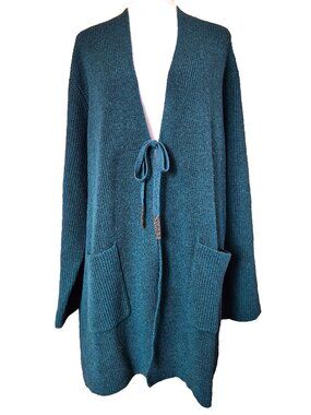 Gudrun Sjoden Teal 100% Wool Long Cardigan Sweater Tie Front Pockets Womens Sz L